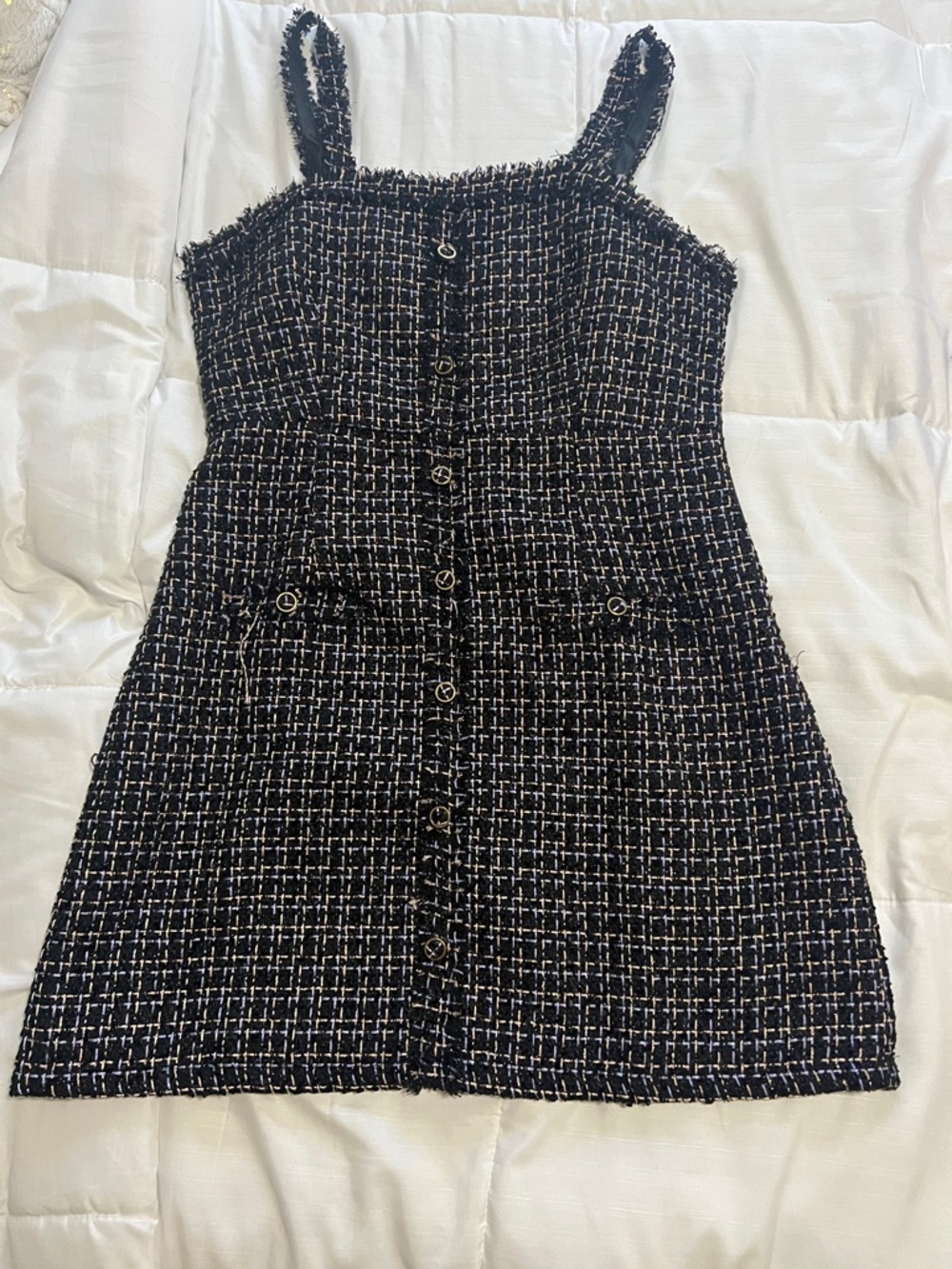 Chic Black Tweed Button-Front Mini Dress